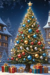 Obraz premium A large Christmas tree with many ornaments is lit up in a snowy town