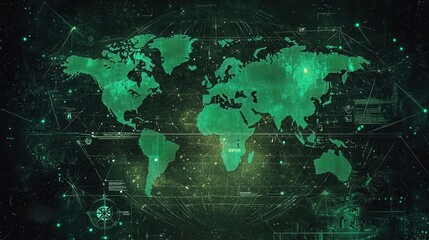 A glowing green world map overlaid with digital data, representing global connectivity and technology.