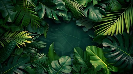 Tropical Leaves Illuminated with space and Notanical herbal exotic tropical plants herbs flowers botanical foliage background nature jungle lanfscape. Graphic Art