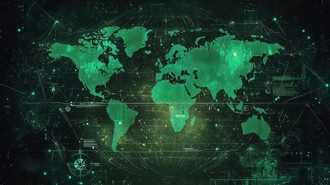 A glowing green world map overlaid with digital data, representing global connectivity and technology.