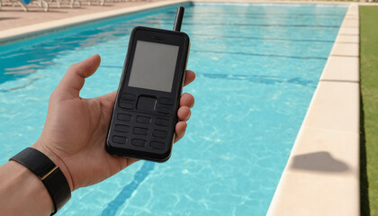 90s esthetic big bulky phone in hand near a swimming pool