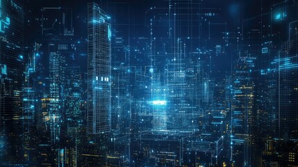 Futuristic cityscape with digital blueprints overlay
