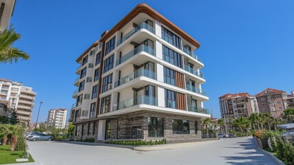 Fototapeta premium Modern Multi-Story Residential Building Surrounded by Lush Greenery and Clear Blue Sky in an Urban Environment with Well-Maintained Outdoor Areas