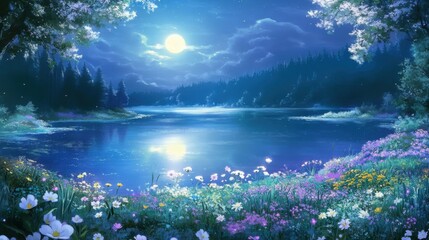 Moonlit Enchantment: A Tranquil Anime Landscape