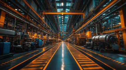 spacious industrial power plant interior featuring high ceilings, large machinery, and vibrant lighting. scene conveys sense of scale and modernity, showcasing intricate design of facility