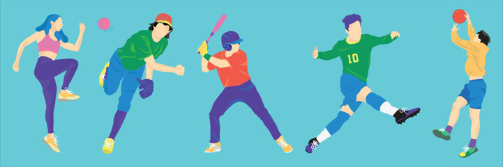 Vector illustration of different athletes: basketball, runner, baseball, football. Set of flat character designs sports illustration. men and women sports activities.