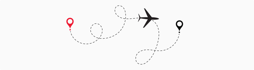 Airplane or aeroplane routes path. Aircraft tracking plane path, travel, map pins, location pins.
