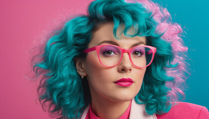 Obraz premium Retro 80s woman in Vibrant Studio Lighting teal and pink background with 80s hair and glasses