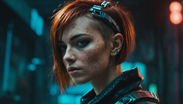 woman with freckles and cyberpunk haircut posing. cyberpunk atmosphere 