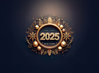 A gold 3D circle with "2025" in gold, surrounded by golden ornaments and leaves on a dark blue background.