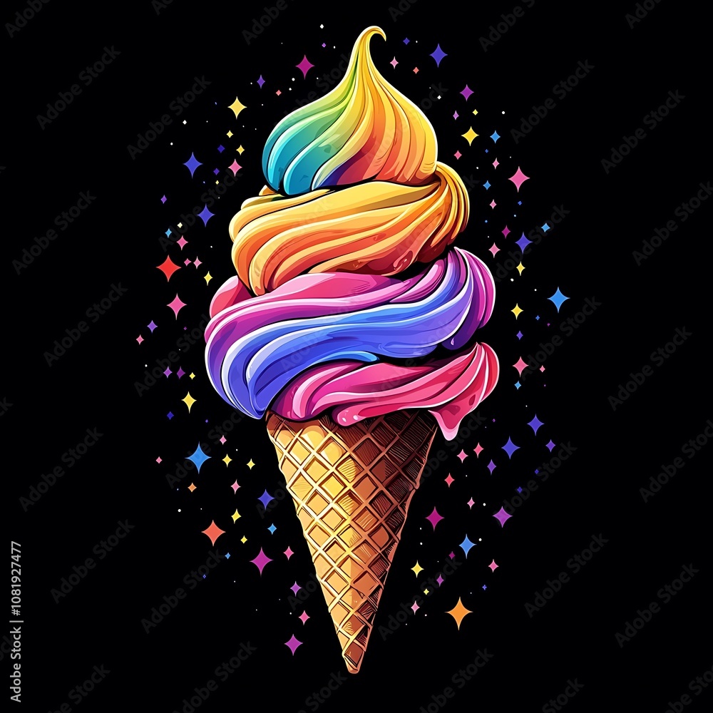 Poster colorful swirl ice cream cone with rainbow topping and sparkling background in a whimsical style per