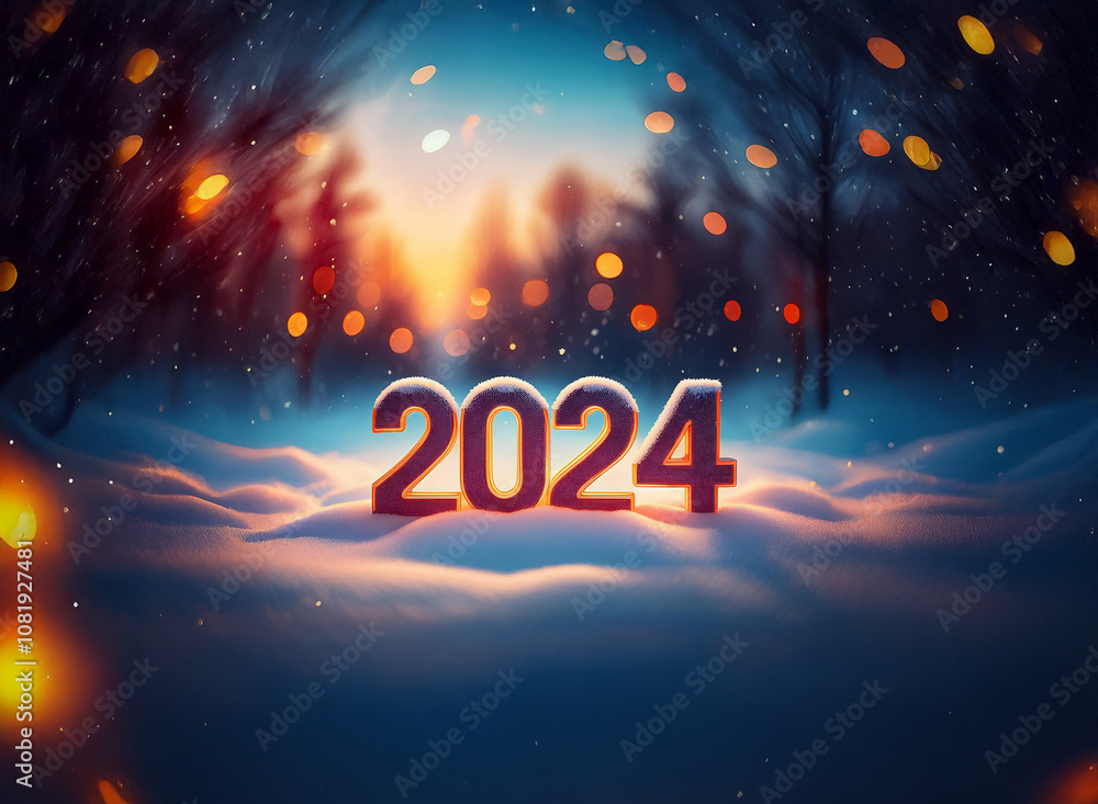 Poster the year 2024 is spelled out in large, 3-d numerals resting on snow-covered ground. it is dusk with 