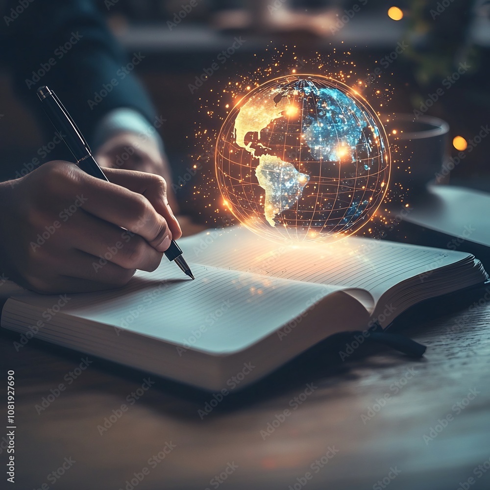 Poster notebook filled with goals and dreams glowing globe hologram on desk representing future planning an