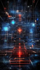 Stairway to Digital Data City Abstract Technology Background with Glowing Lights and Connections
