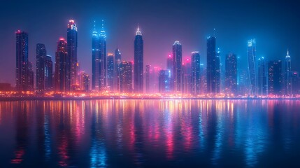 Fototapeta premium Dright neon reflections adding energy to vibrant city skyline at night picture