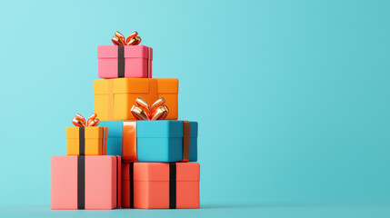 Obraz premium gift box wrapping unboxing. Colorful stacked gifts with bows on bright background