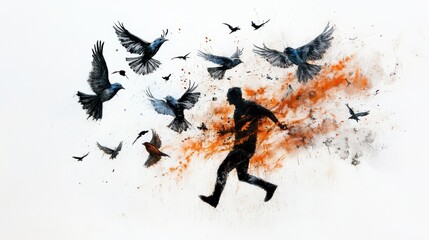 Man Running from Birds Abstract Orange Watercolor Painting Art