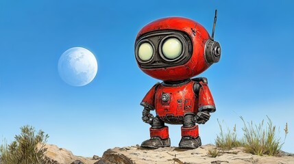 Cute Red Robot on Cliff Moon in Sky Futuristic Illustration