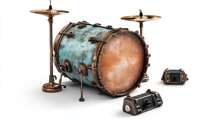 Vintage Style Drum Set with Patina Finish and Retro Microphone on White Background Ideal for Music and Instrument-Themed Projects and Designs
