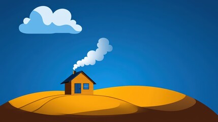 Cozy Cabin on Rolling Hills Blue Sky Smoke from Chimney Idyllic Rural Scene