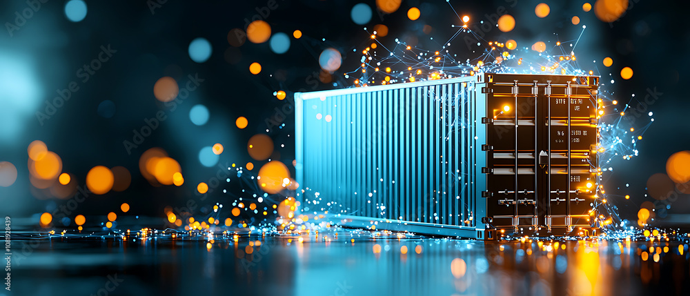 Poster cargo container emerging with digital sparks industrial setting 3d visualization futuristic environm