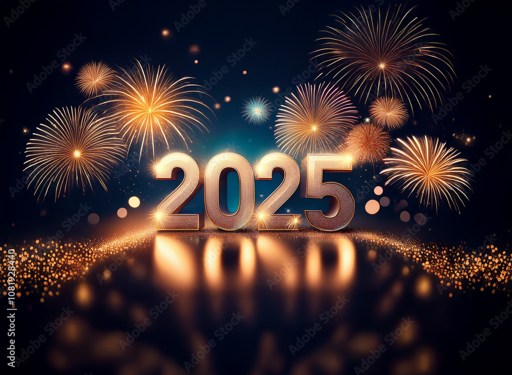 Poster a digital illustration of fireworks exploding in the night sky, with the year 2025 displayed in meta