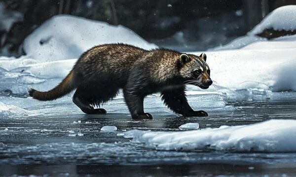 A wolverine walks across a snowy landscape, showcasing its fur and natural habitat.