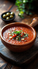 Traditional spanish cold tomato soup gazpacho with cucumber, onion, garlic and parsley