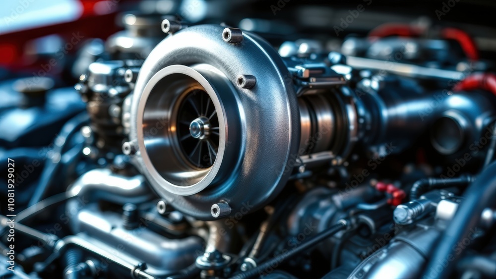 Poster turbocharged performance: a close-up of a powerful turbocharger, showcasing the intricate engineerin