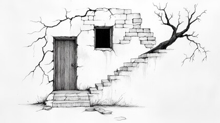 Pen Sketch Ruined Building Door Steps Tree Cracks Black and White Drawing