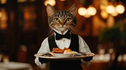 Cat dressed  as a a waiter