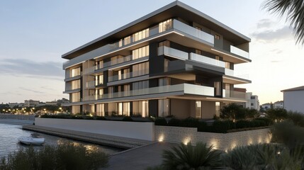 Obraz premium Modern Luxury Apartment Building by the Water with Stylish Architecture and Reflective Glass Windows Surrounded by Lush Greenery in a Serene Setting