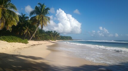 Tranquil beach with palm trees and gentle waves at a tropical shoreline under a blue sky