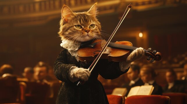 Cute cat playing violin in a concert hall
