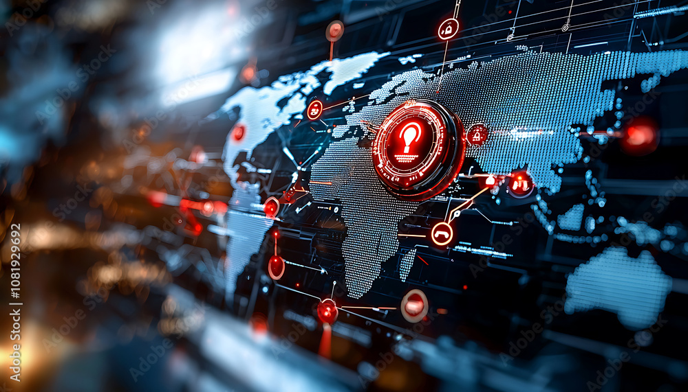 Poster identifying supply chain security risks global network digital map visualization tech environment da