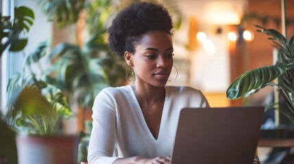 A young woman working on a laptop in a cafe.