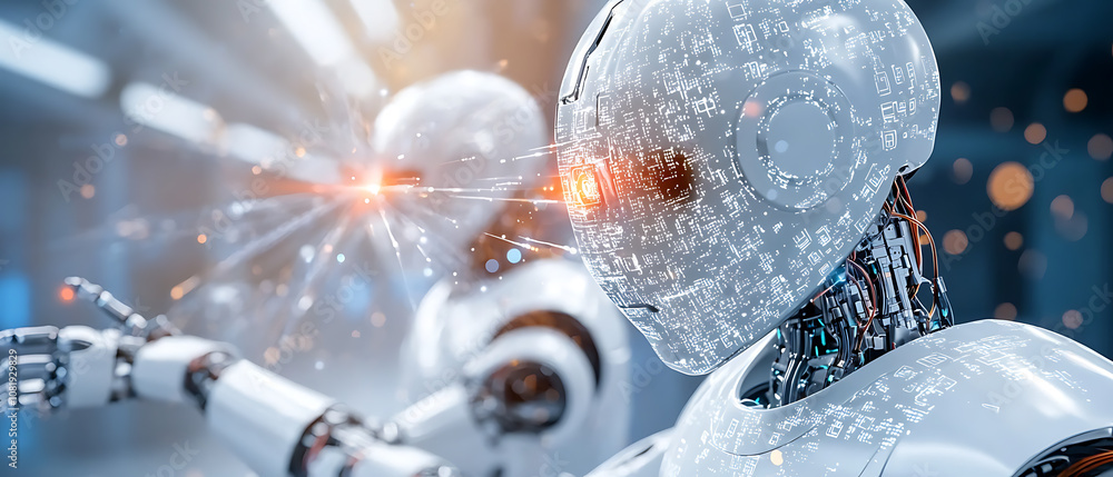 Poster robotic interaction demonstration futuristic laboratory digital art high-tech environment close-up v