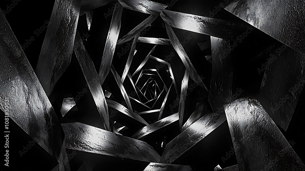 Poster abstract metallic spiral formation creating a hypnotic tunnel effect with reflective surfaces enhanc