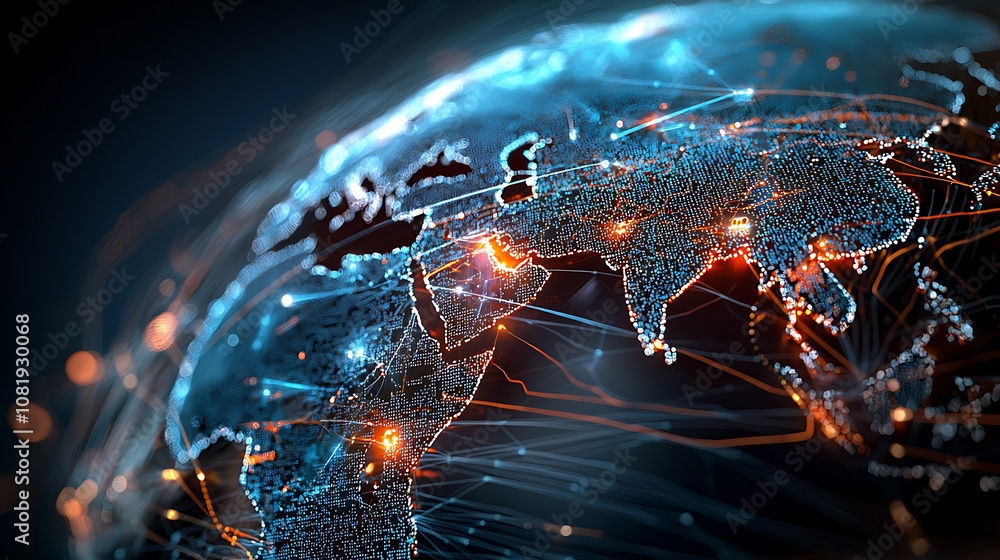 Poster analyzing supply chain security risks global network visualization digital map high-tech environment