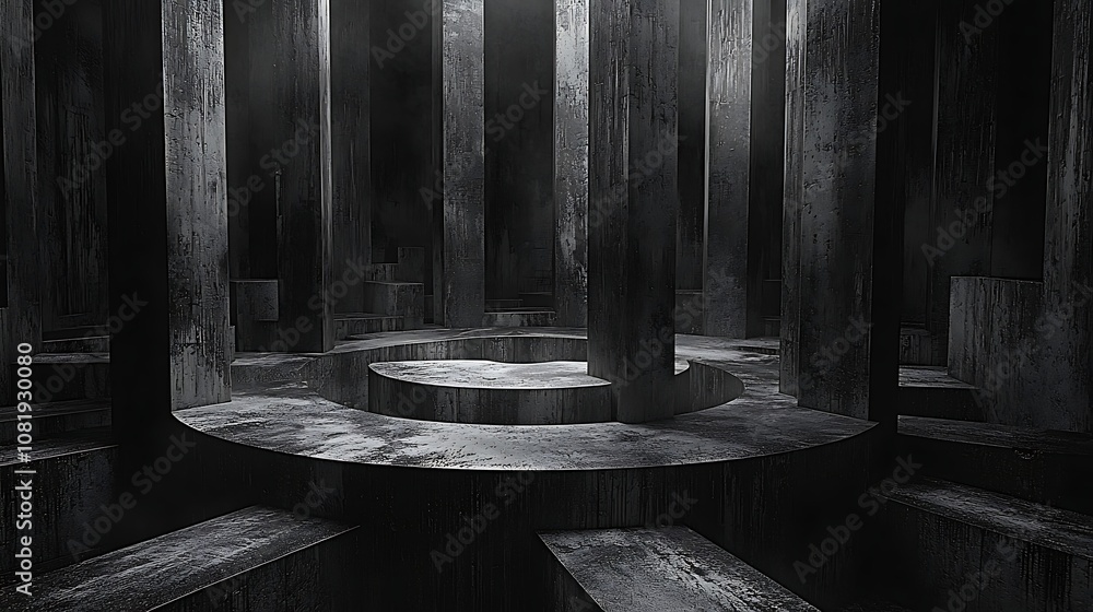 Aufkleber abstract monochrome environment with tall vertical columns and circular platforms in a dark dimly li