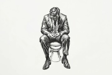 Obraz premium Man in suit sitting on toilet.