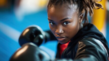A young woman with dreadlocks in boxing gloves looks intently at the camera, ready to strike.