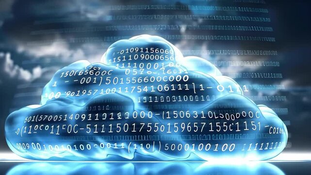 A digital cloud composed of binary code, representing data storage and cloud computing concepts.
