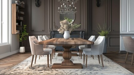 3D rendering of elegant dining room with wooden table and stylish chairs