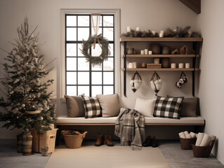 Japandi and wabi sabi style modern hallway decorated for Christmas with plaid accents, wreaths and Christmas tree. Holiday and festive season interior. Plaid accents interior.