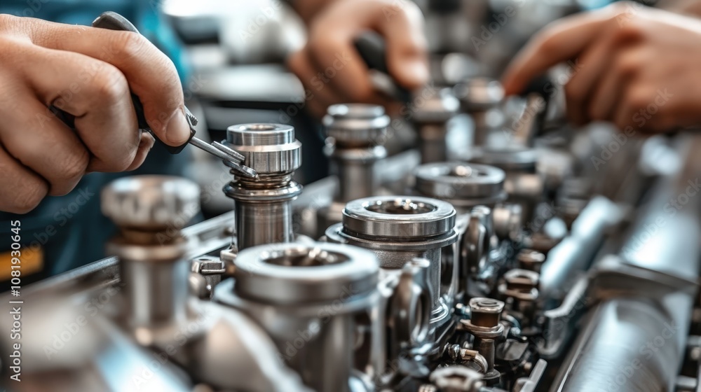 Poster precision engineering: a close-up shot of a mechanic's hands meticulously working on the intricate c
