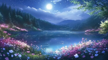 Moonlit Enchantment: A Tranquil Anime Landscape
