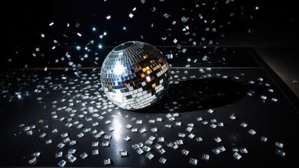 Dim dance floor illuminated by a spinning disco ball, casting dynamic light beams, creating an energetic vibe