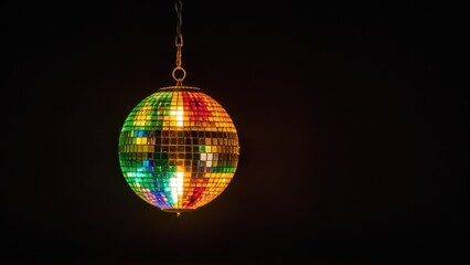 Disco ball on reflective black surface, single bright light source creating dramatic reflections, elegant studio shot