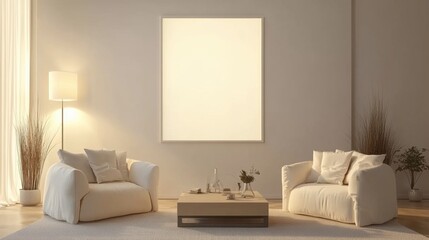 Cozy Modern Living Room with Minimalist Design, Featuring Two White Armchairs, Coffee Table, Soft Lighting, and a Blank Canvas Ready for Art Personalization